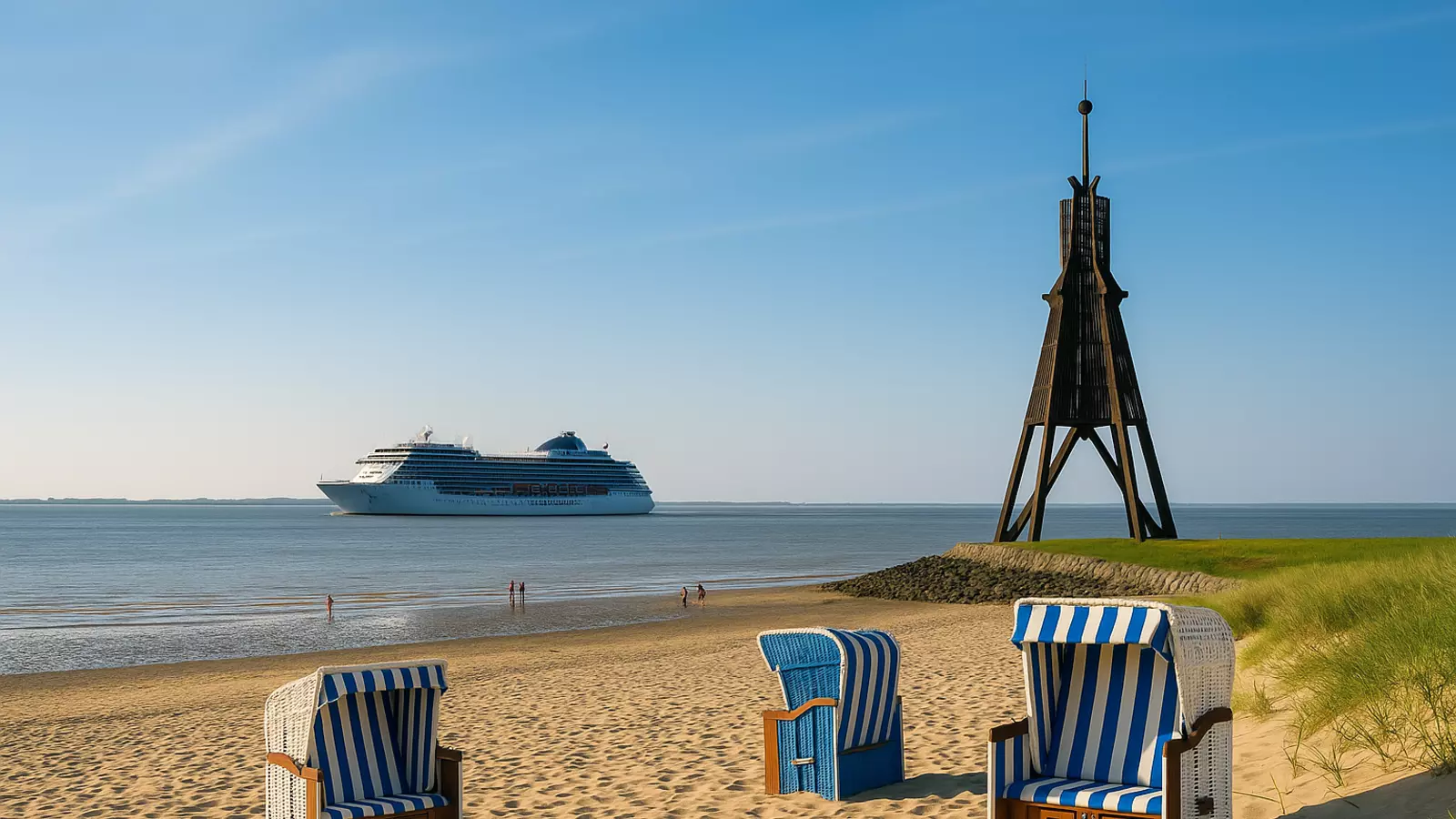 Sommerlicher Strand in Cuxhaven mit Kugelbake, Blick zum Kreuzfahrtschiff und auf Strandkörbe an der Nordsee