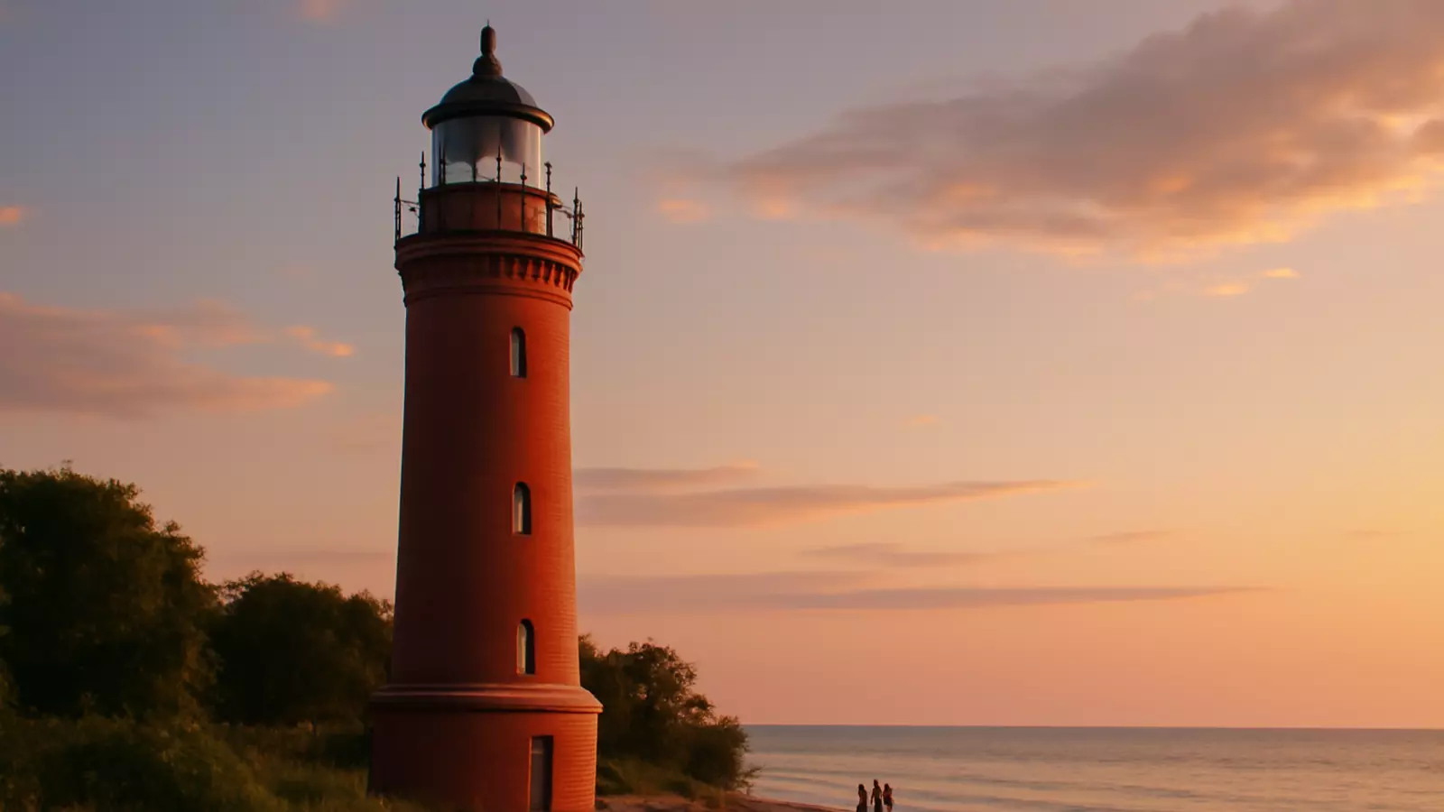 Leuchtturm Dahme im Sonnenuntergang – Strand und Ostsee im Hintergrund