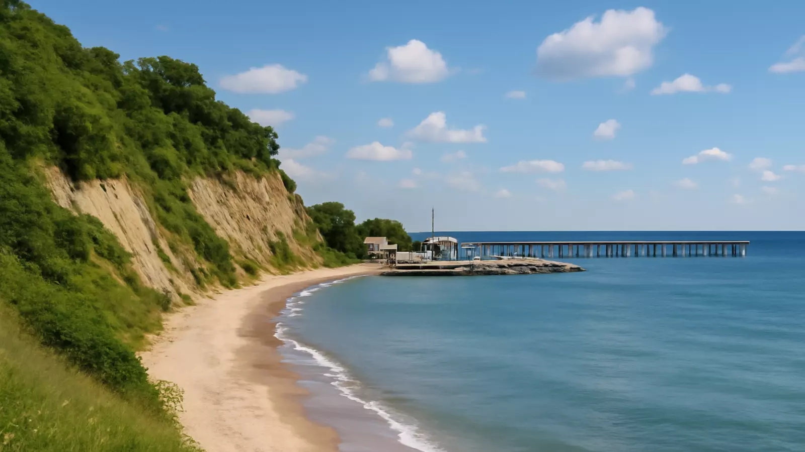 Blick auf die Steilküste von Dahme, die Seebrücke und den Hafen an der Ostsee