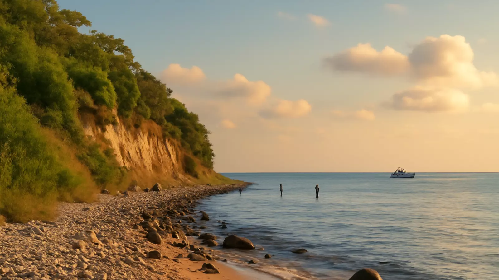 Steilküste von Dahme mit Fliegenangeln auf Meerforelle und Trollingboot auf der Ostsee