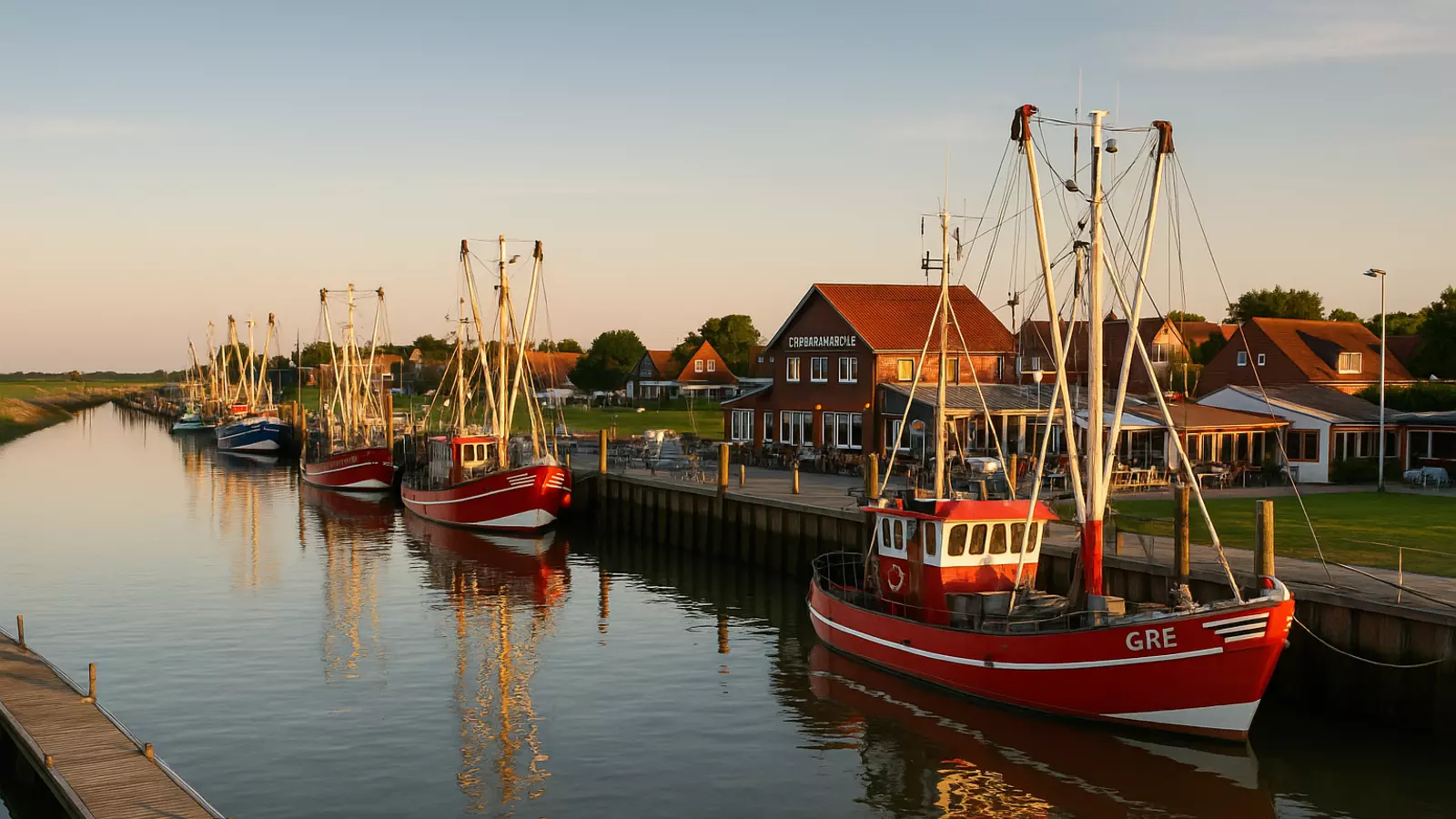Kutterhafen Dorum-Neufeld mit Krabbenkuttern und Hafenterrassen an der Nordsee