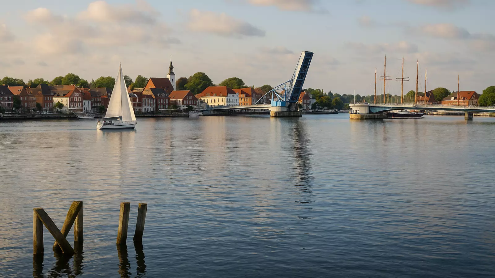 Kappeln an der Schlei: Hafenpanorama mit geöffneter Klappbrücke, Masten des Museumshafens und Altstadtfassaden.
