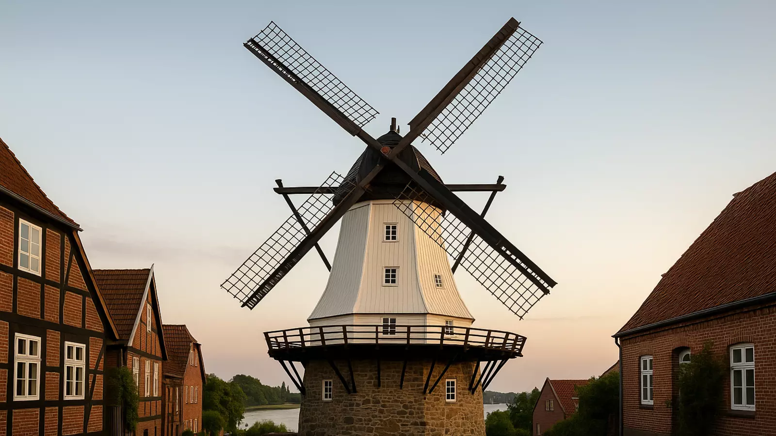 Mühle „Amanda“ in Kappeln, weißer Oberbau, Natursteinsockel, Flügel & Galerie